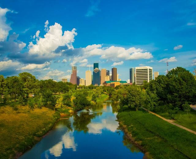Downtown Houston skyline above Buffalo Bayou
