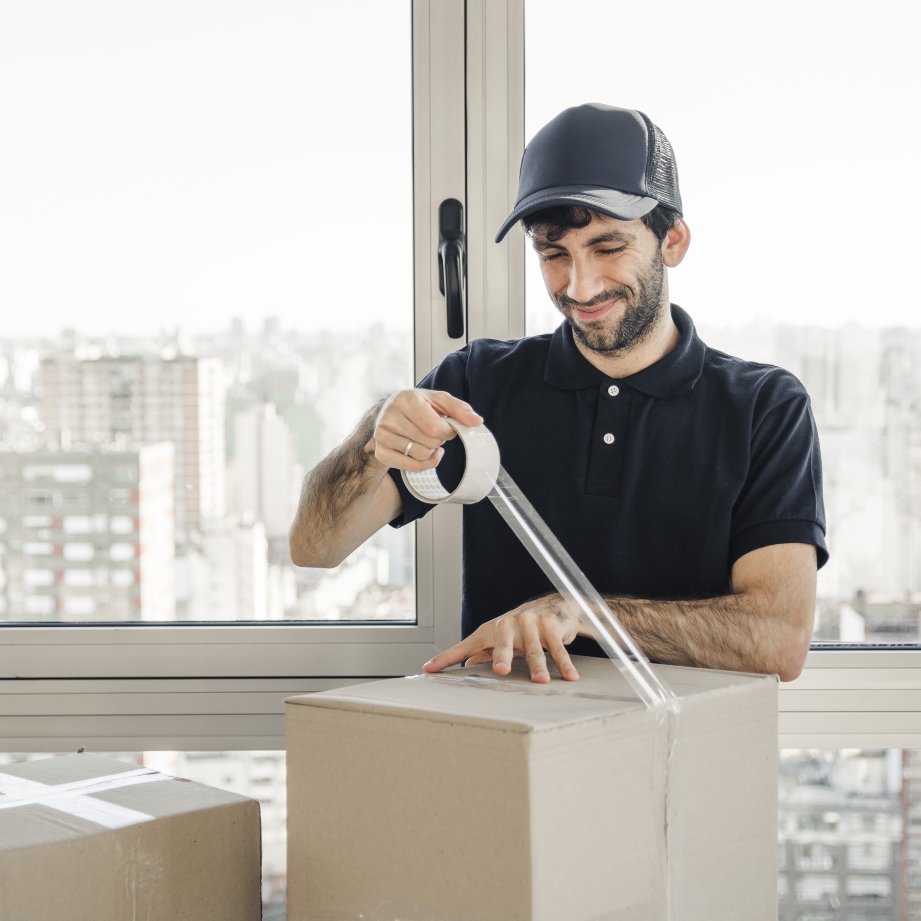 Smiling mover taping up a box in a high-rise apartment