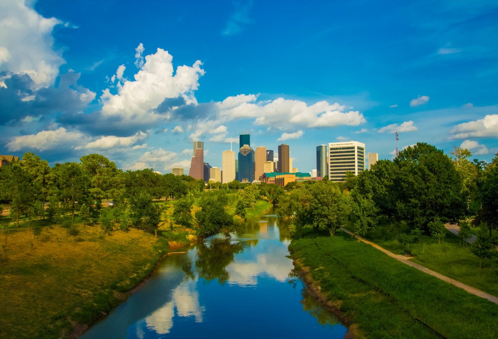 Houston skyline above Buffalo Bayou