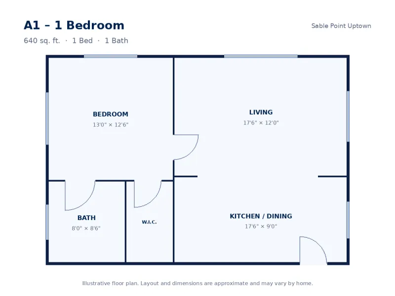 Floor plan drawing for A1 – 1 Bedroom