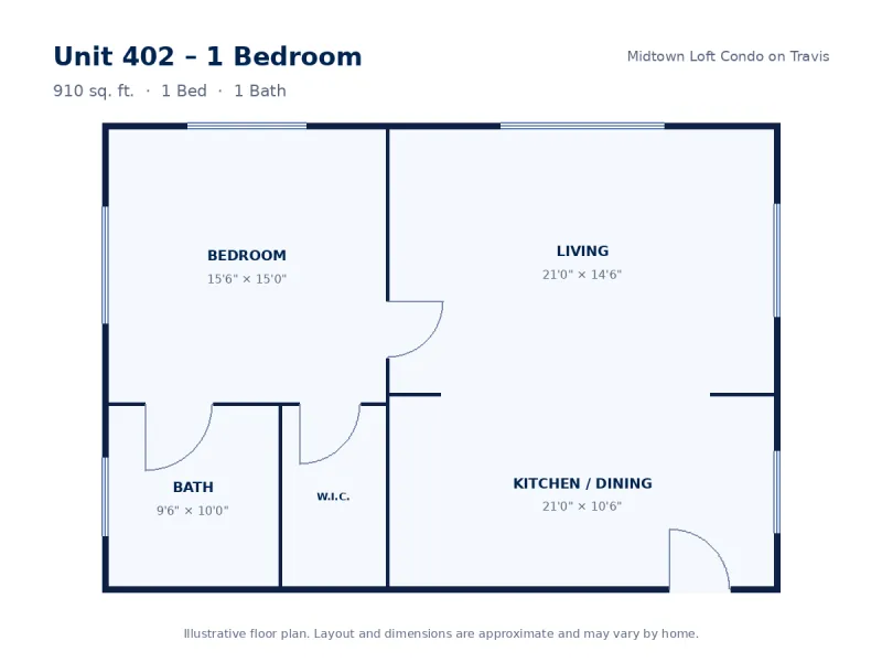 Floor plan drawing for Unit 402 – 1 Bedroom