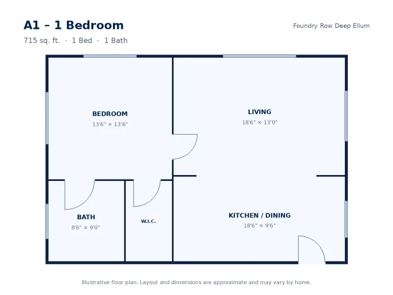 Floor plan drawing for A1 – 1 Bedroom