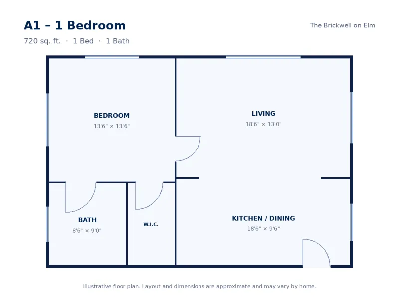 Floor plan drawing for A1 – 1 Bedroom