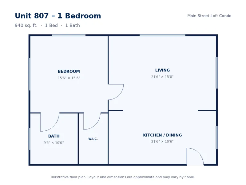 Floor plan drawing for Unit 807 – 1 Bedroom