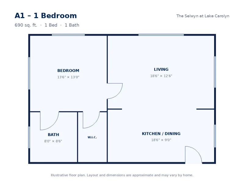 Floor plan drawing for A1 – 1 Bedroom