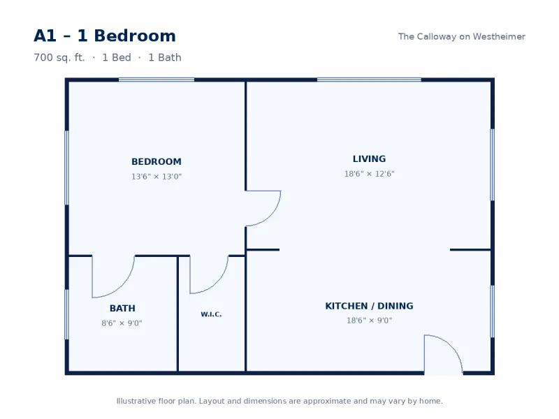 Floor plan drawing for A1 – 1 Bedroom